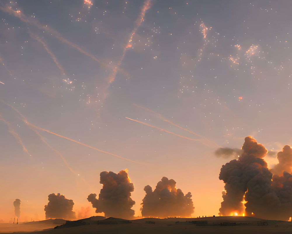 Orange Hued Dramatic Sky with Contrails Over Silhouetted Landscapes