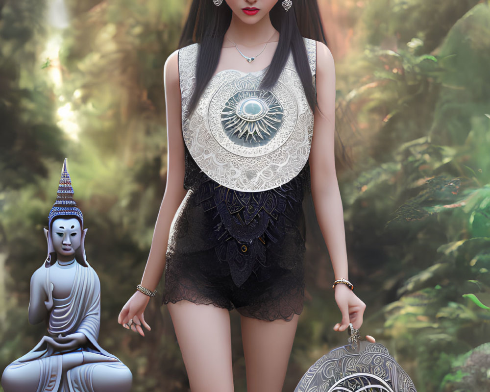 Detailed Illustration of Woman in Lace Top and Shorts with Shield and Buddha Statue