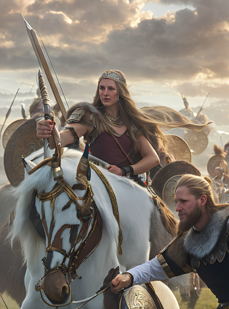 Regal woman on white horse with spear and crown, accompanied by male warrior