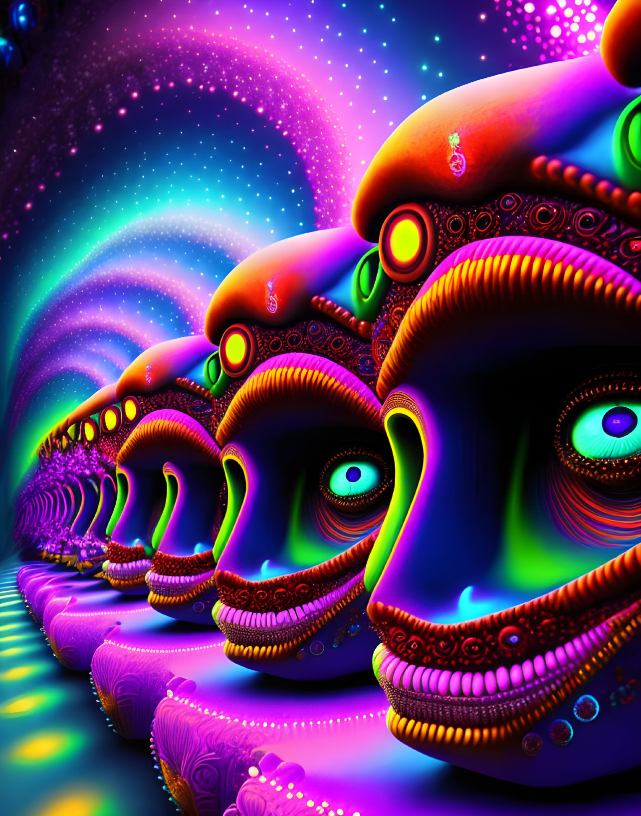 Vibrant psychedelic alien faces in repetitive pattern