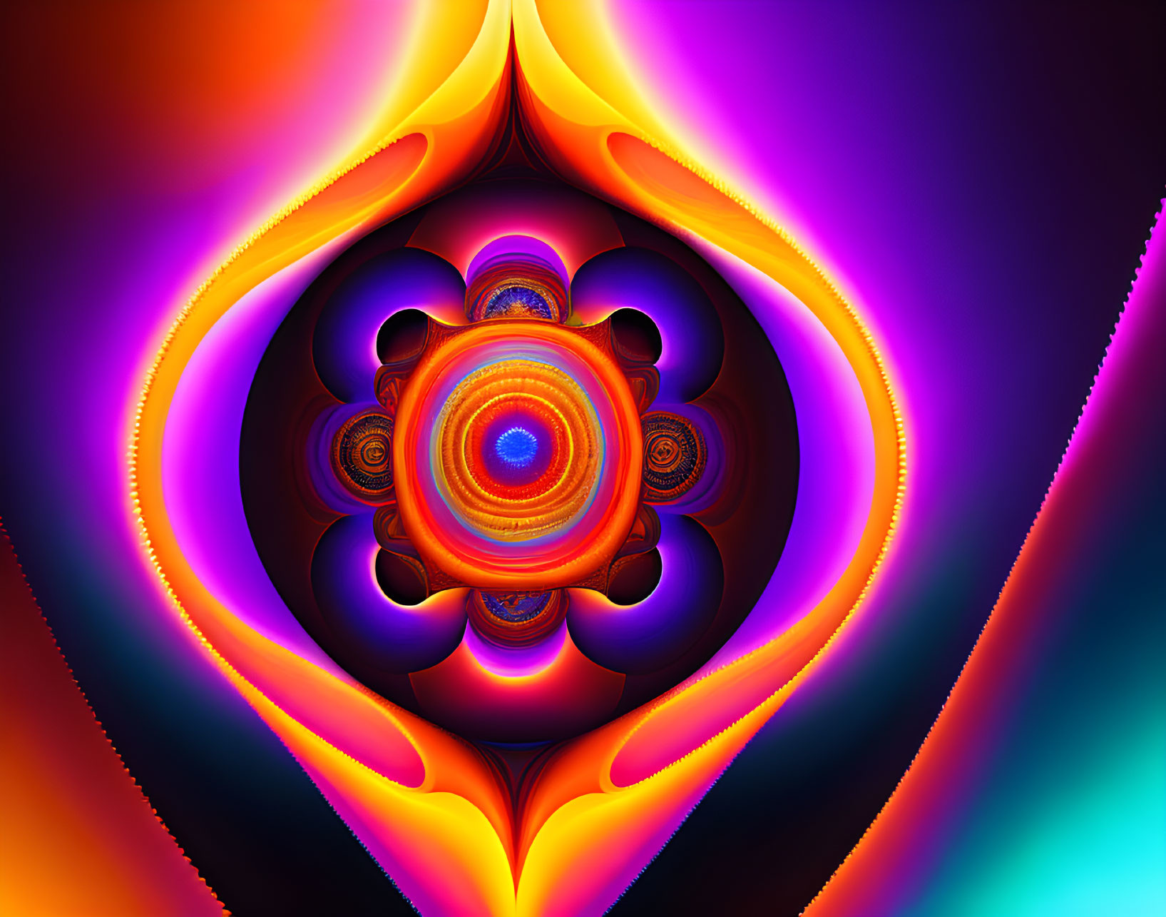 Symmetrical digital fractal art in warm orange and cool blue hues