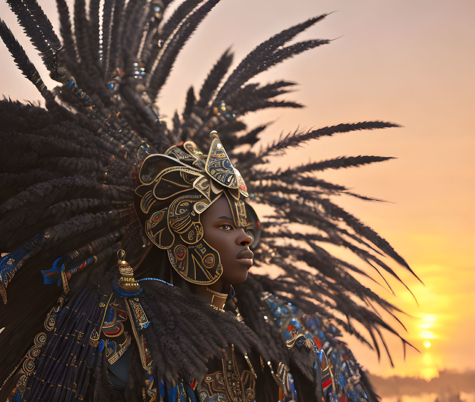 Intricate tribal headgear and face paint against warm sunset sky