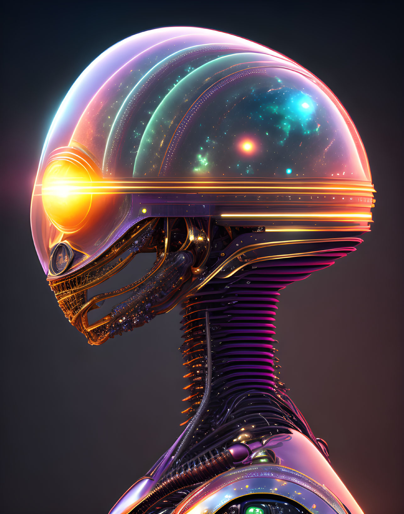 Digital artwork: humanoid robot head with transparent dome displaying cosmic scene