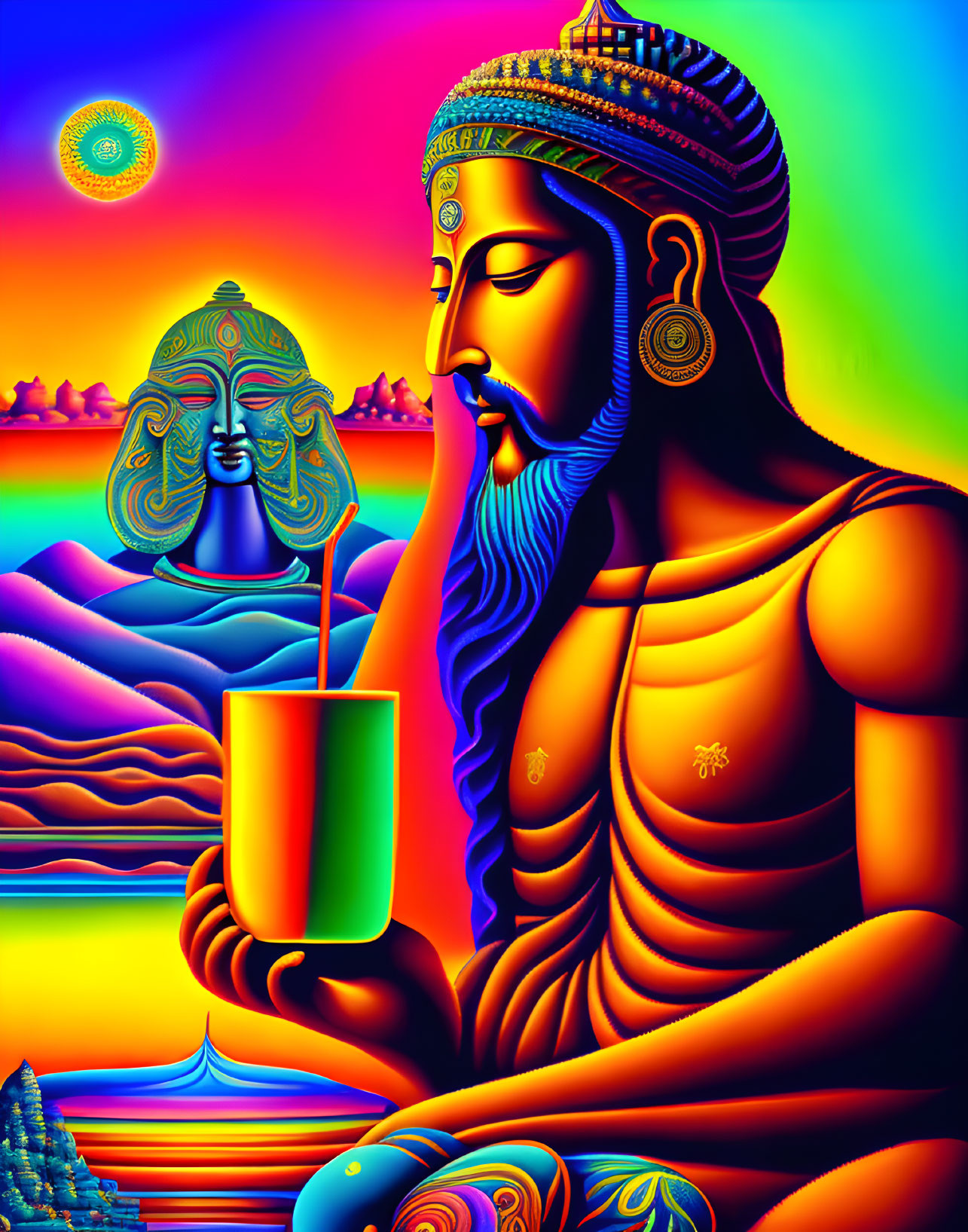 Colorful psychedelic deity illustration with halo and cup on abstract backdrop.