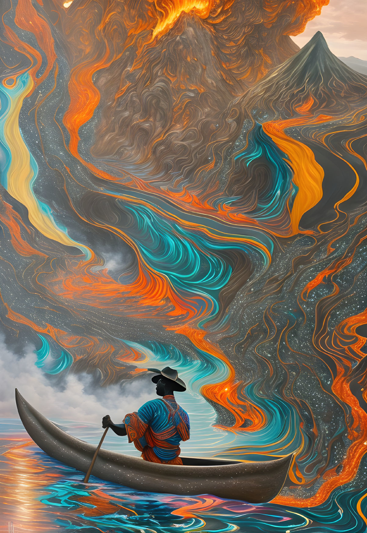 Person paddling on colorful water with swirled patterns under surreal sky and mountain