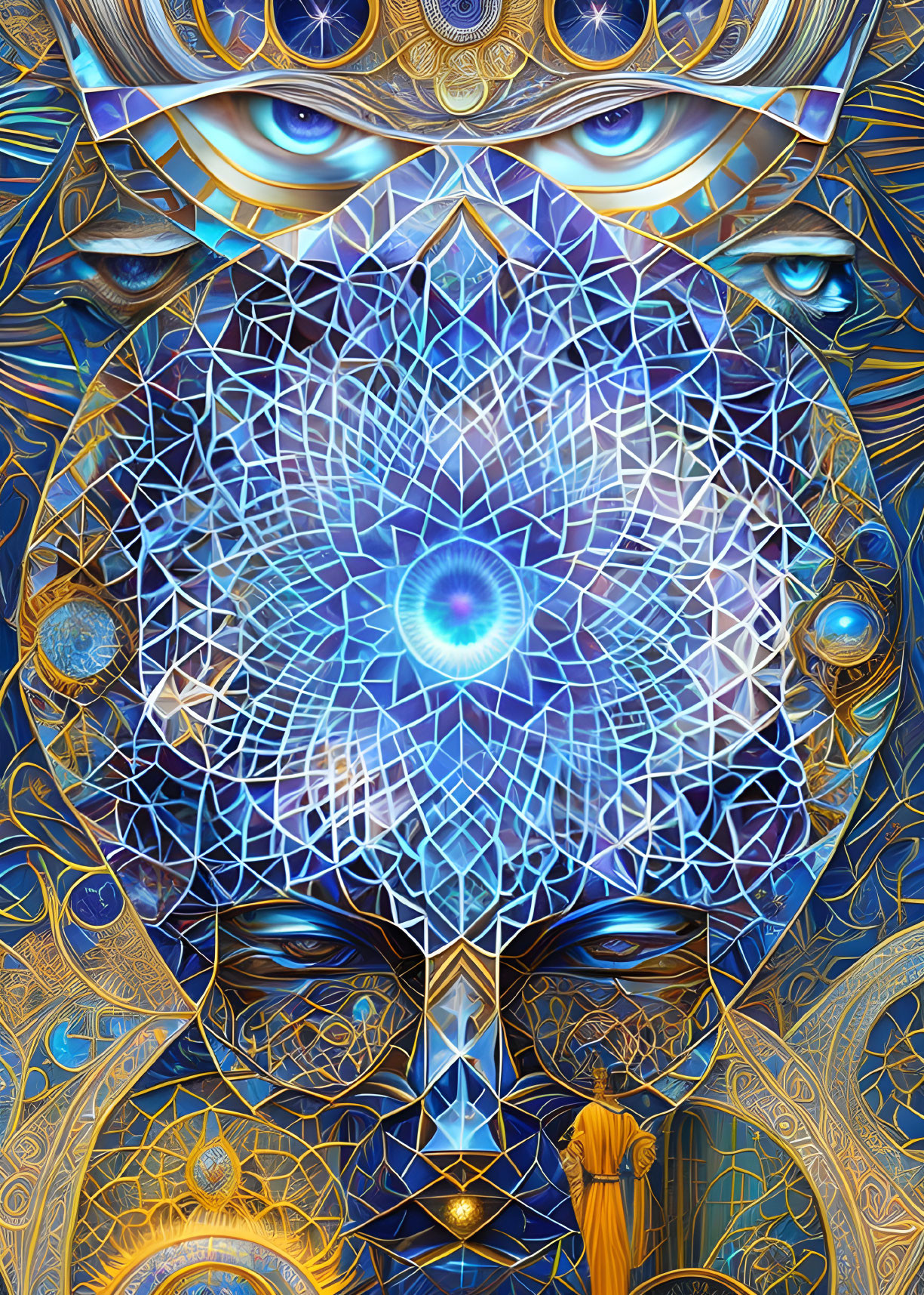 Colorful digital artwork with geometric patterns and multiple eyes on a face, cosmic theme.