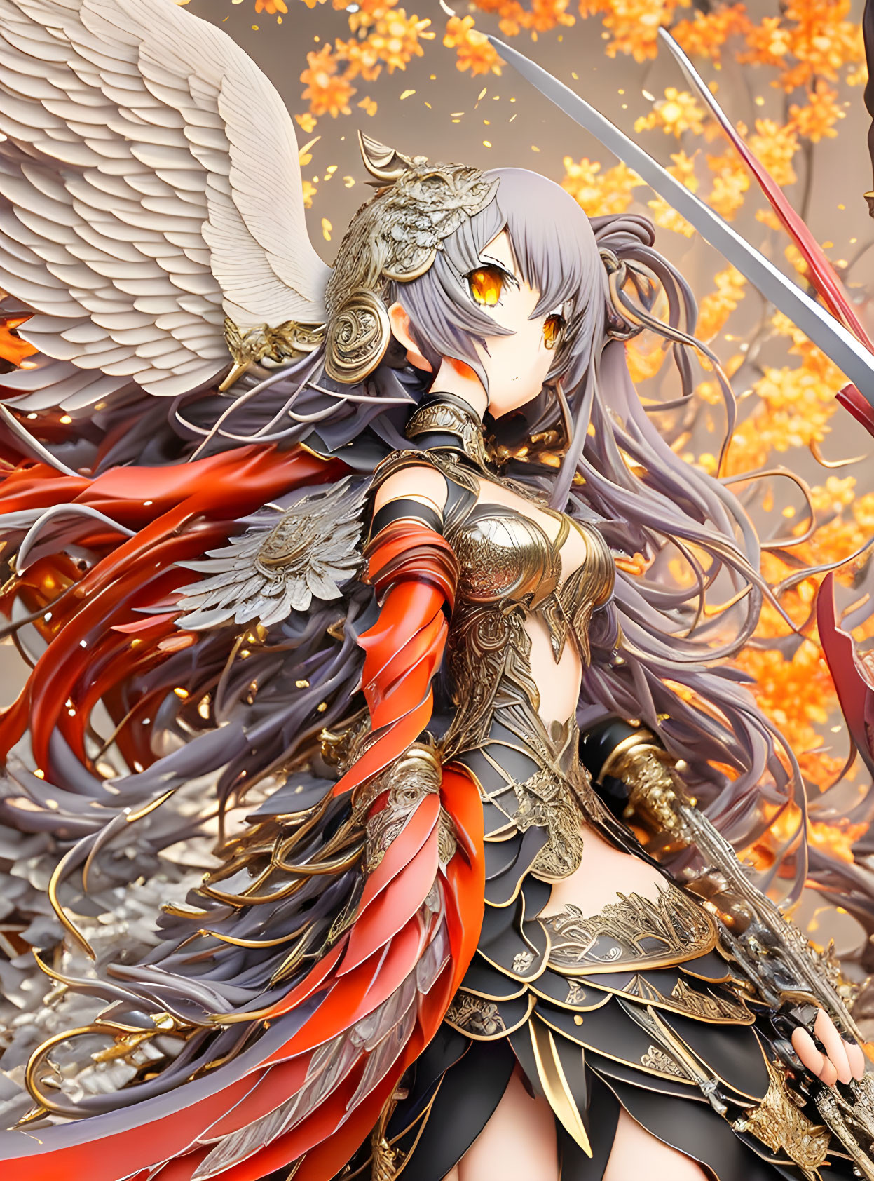 Gray-haired female character in golden armor with angelic wings among autumn leaves