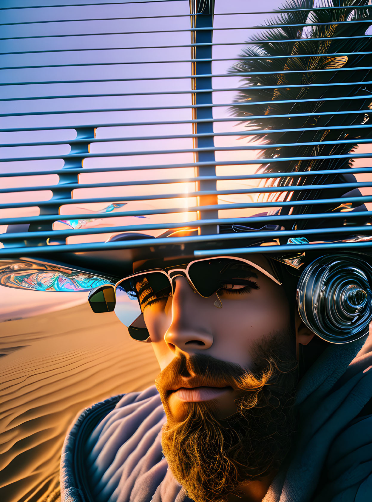 Stylized portrait of bearded man with sunglasses in desert sunset scene