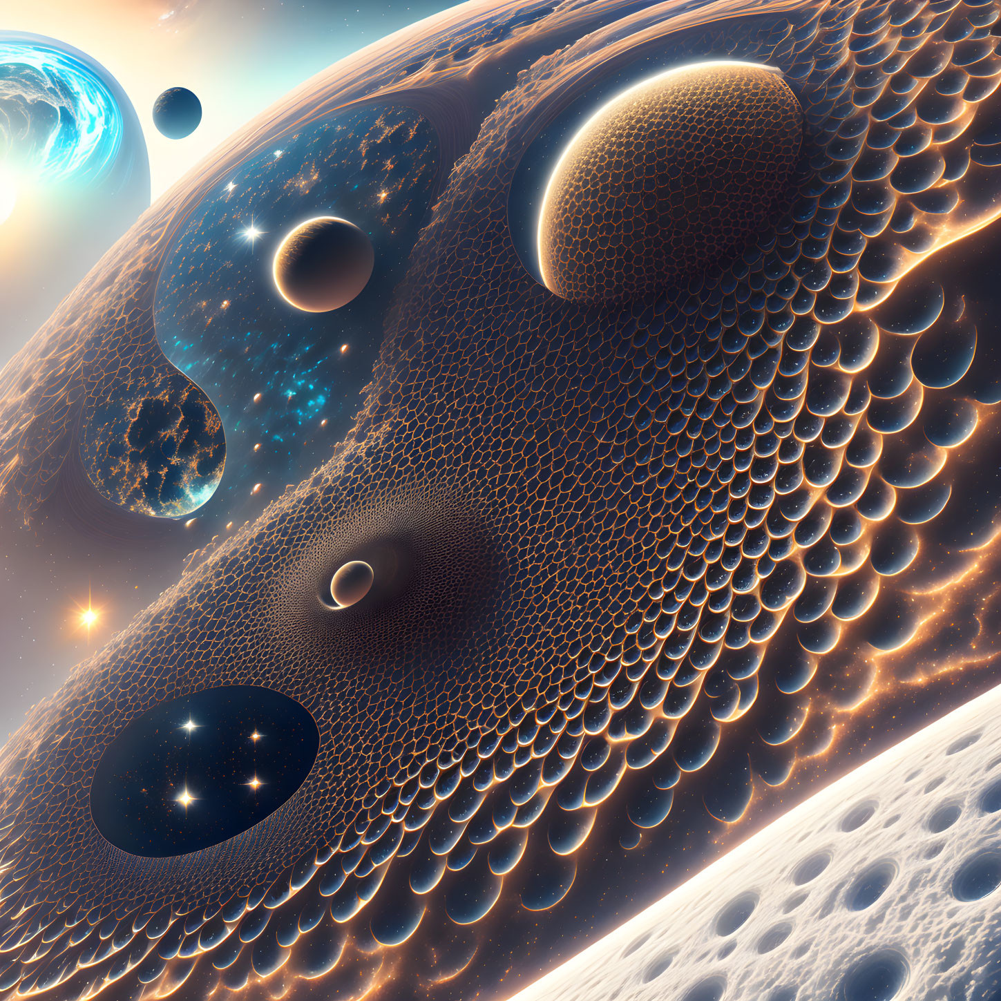 Surreal fractal landscape with spherical shapes and glowing edges