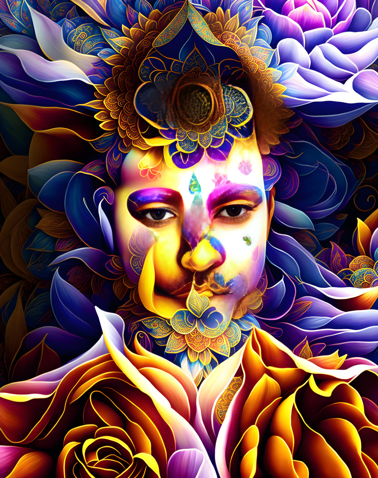 Colorful digital artwork: face merged with floral patterns in purples, blues, oranges, and