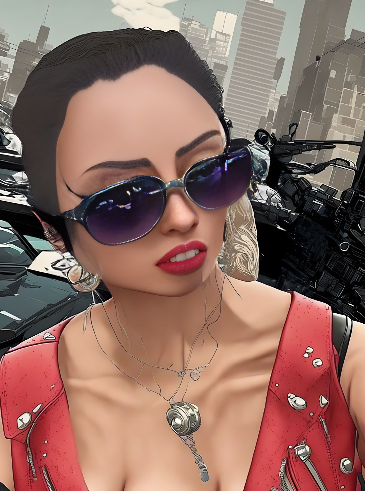 Stylized female avatar in large sunglasses with red top against futuristic cityscape.