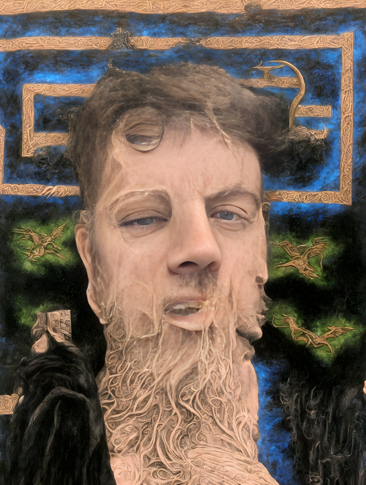 Surreal portrait blending man's face with landscape beard and golden blue border