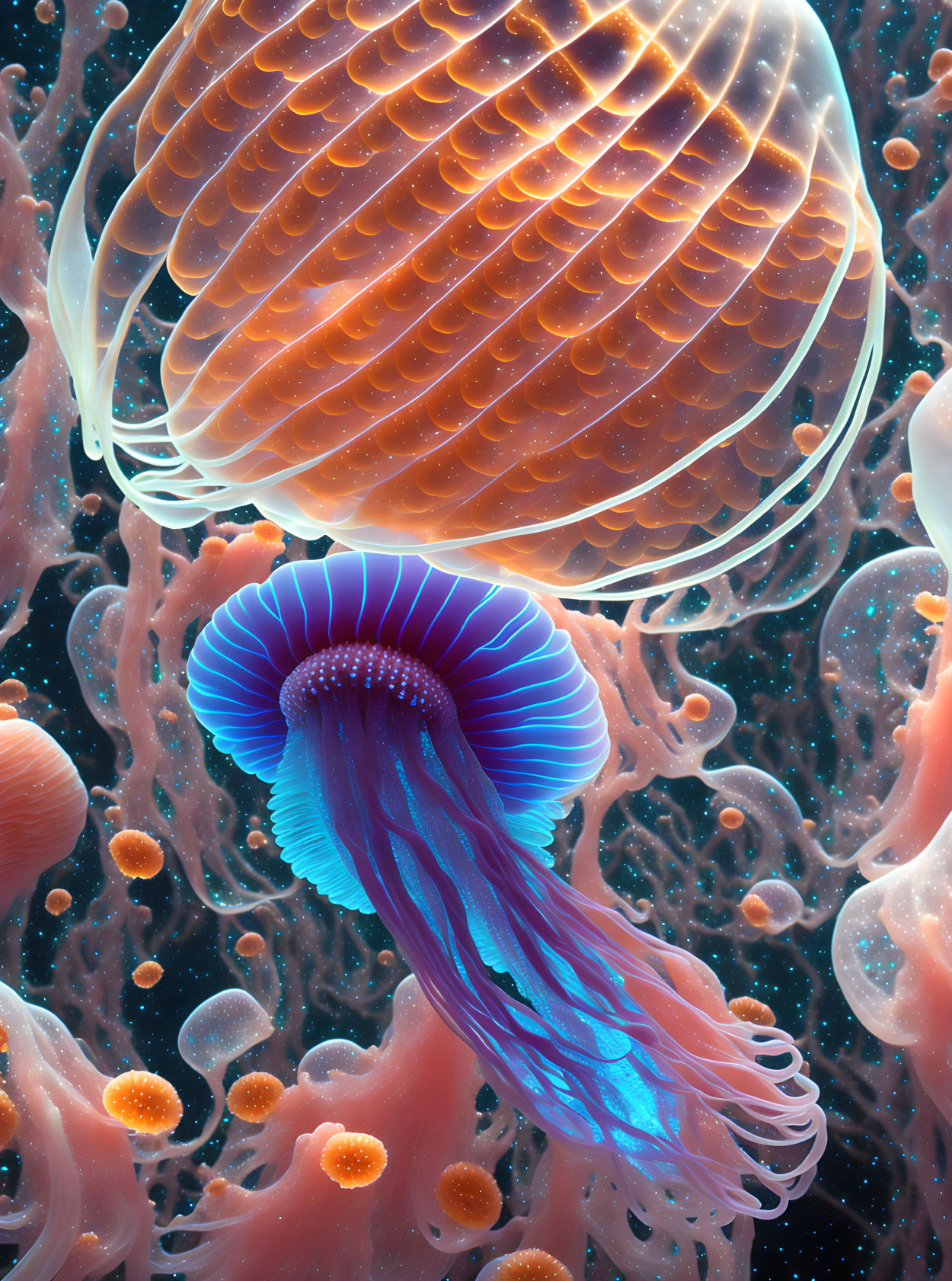 Marine environment digital illustration with translucent jellyfish above vibrant blue jellyfish