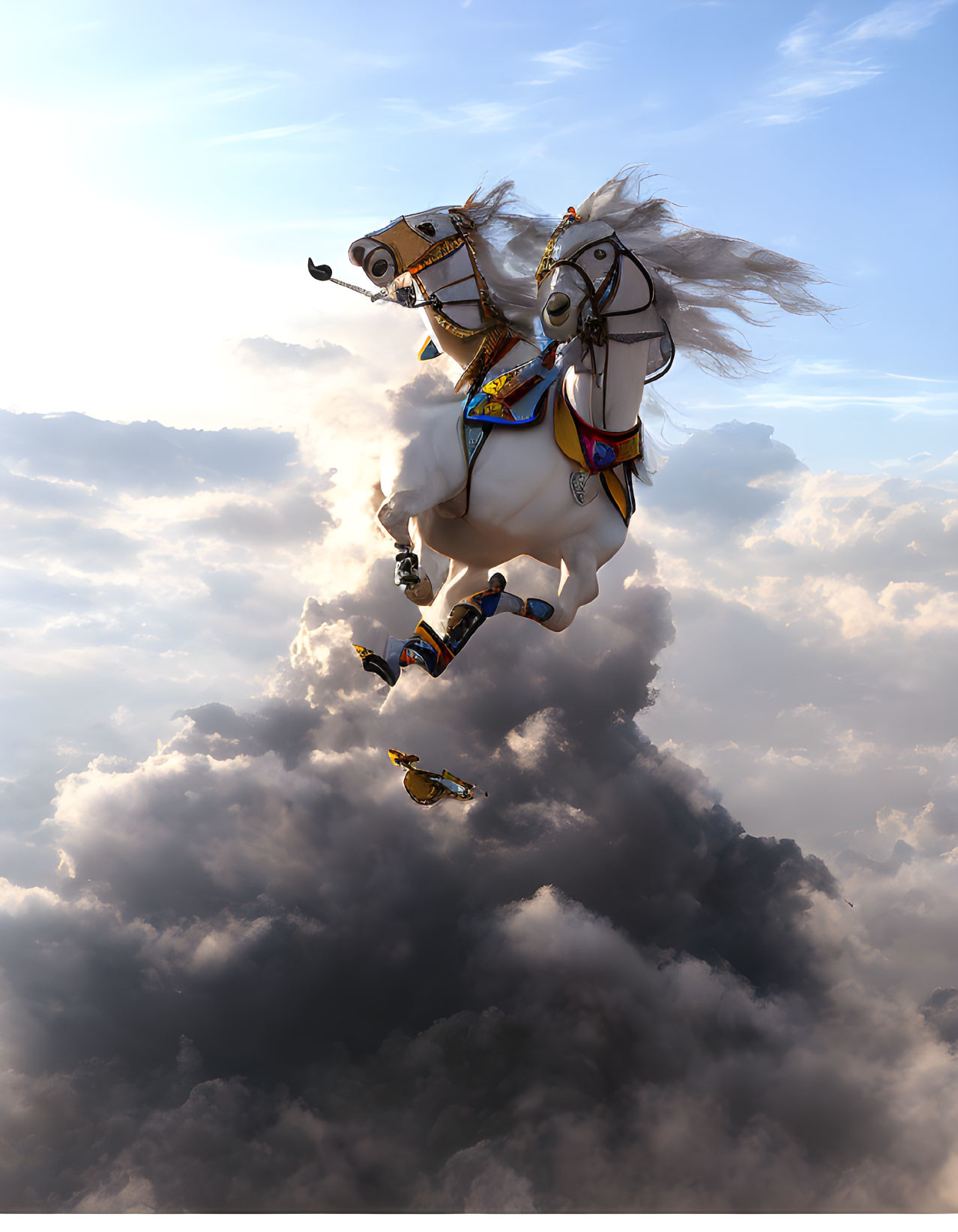 Whimsical carousel horse with wings in serene blue sky