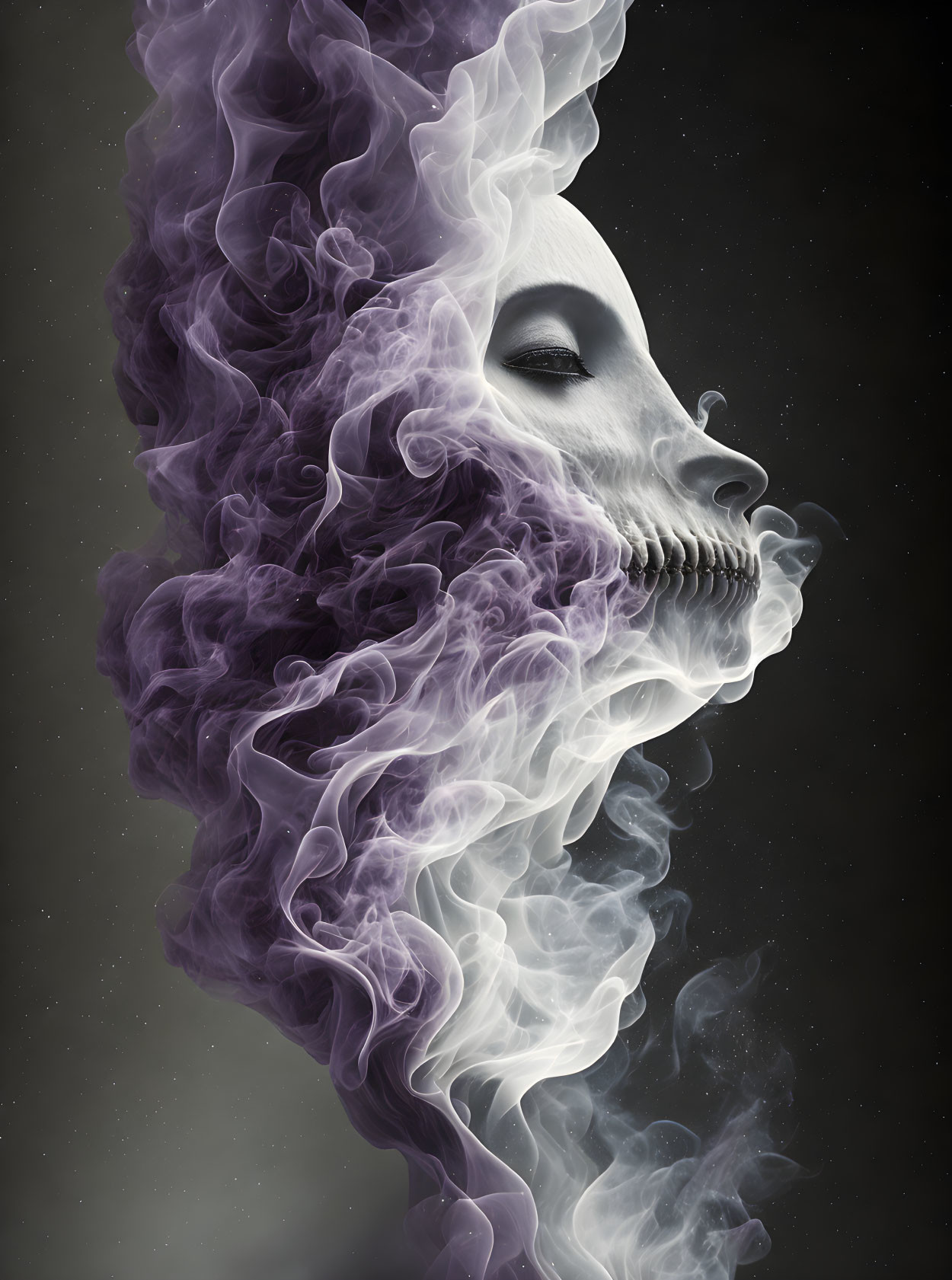 Human visage transforms into skeletal form in purple and white smoke