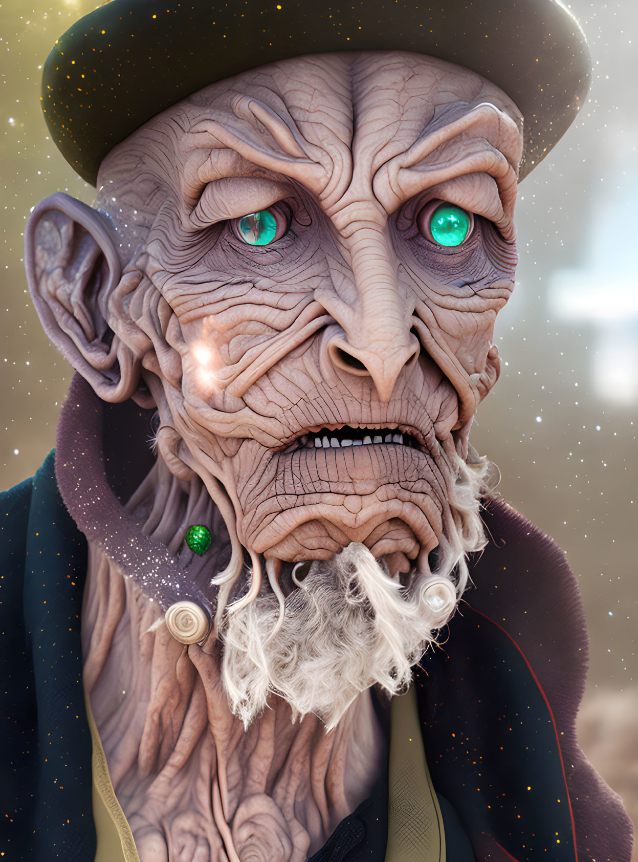 Fantasy character with wrinkled skin, pointed ears, aqua-blue eyes, white beard, hat