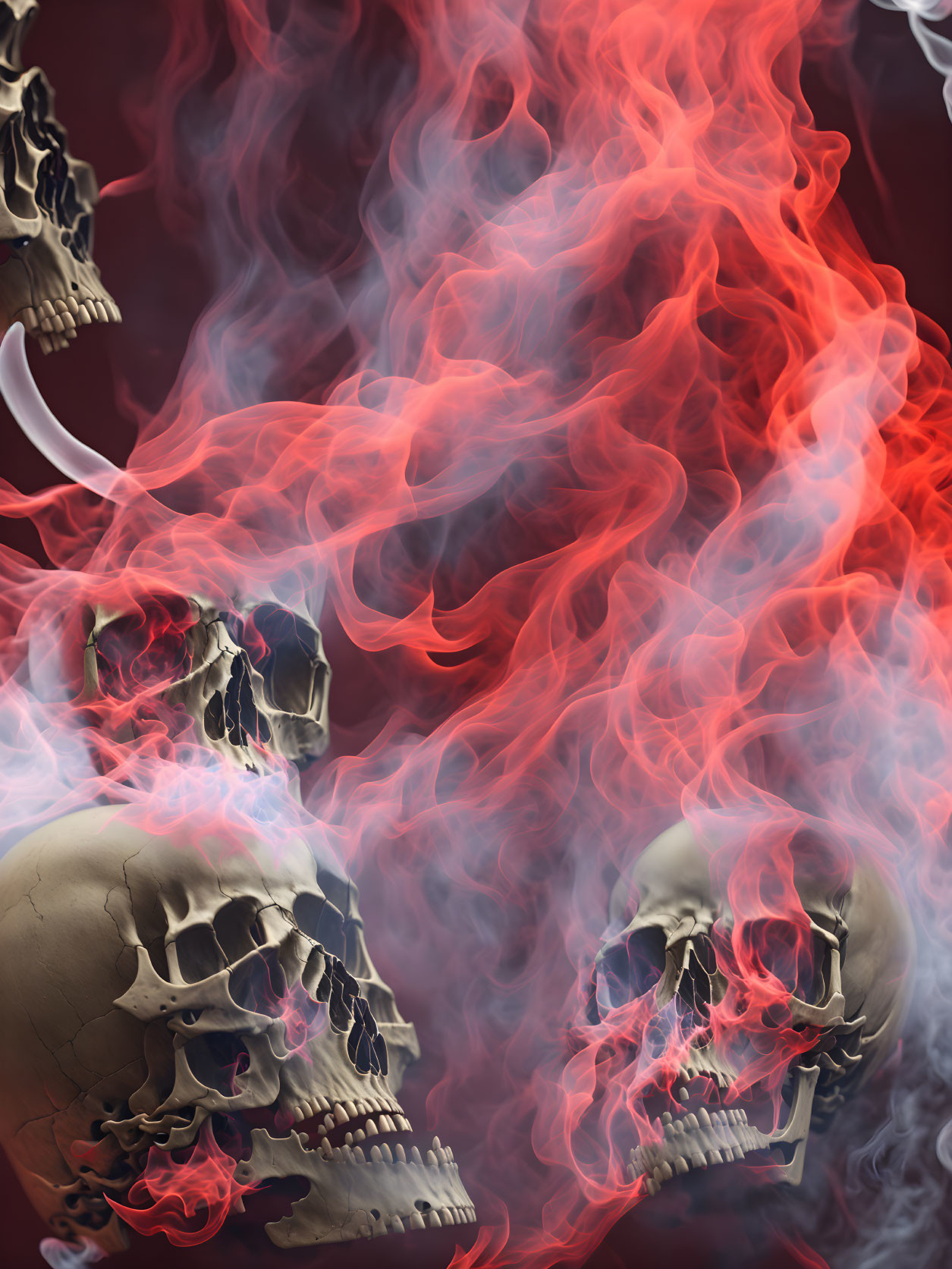 Three skulls surrounded by red smoke on a dark background.