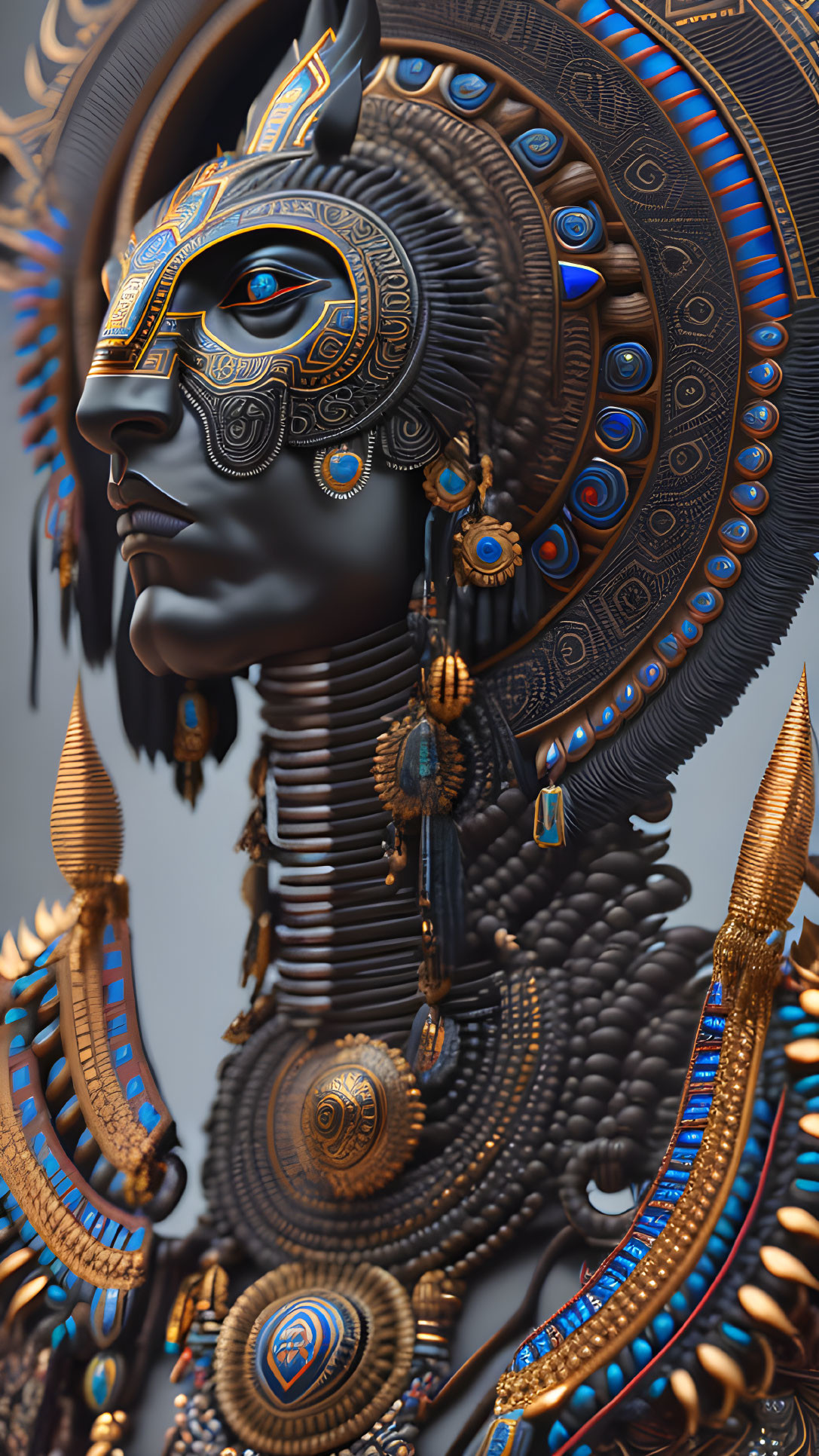 Detailed Digital Artwork: Anthropomorphic Feline in Egyptian-style Gold & Blue Jewelry