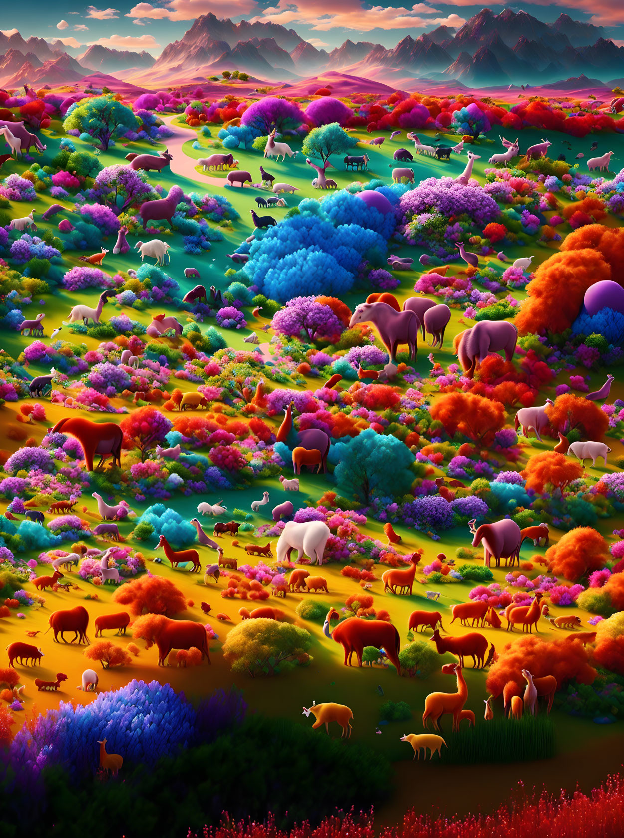 Colorful Flora and Grazing Animals in Surreal Landscape