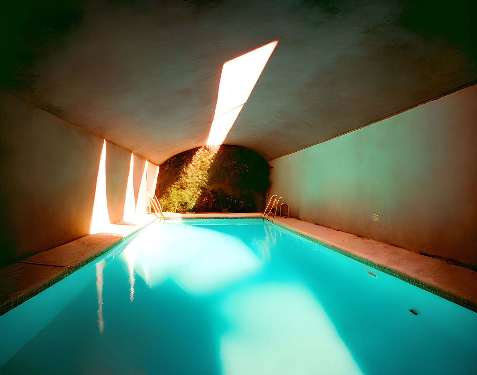 Tranquil indoor swimming pool with sunlight through angular windows