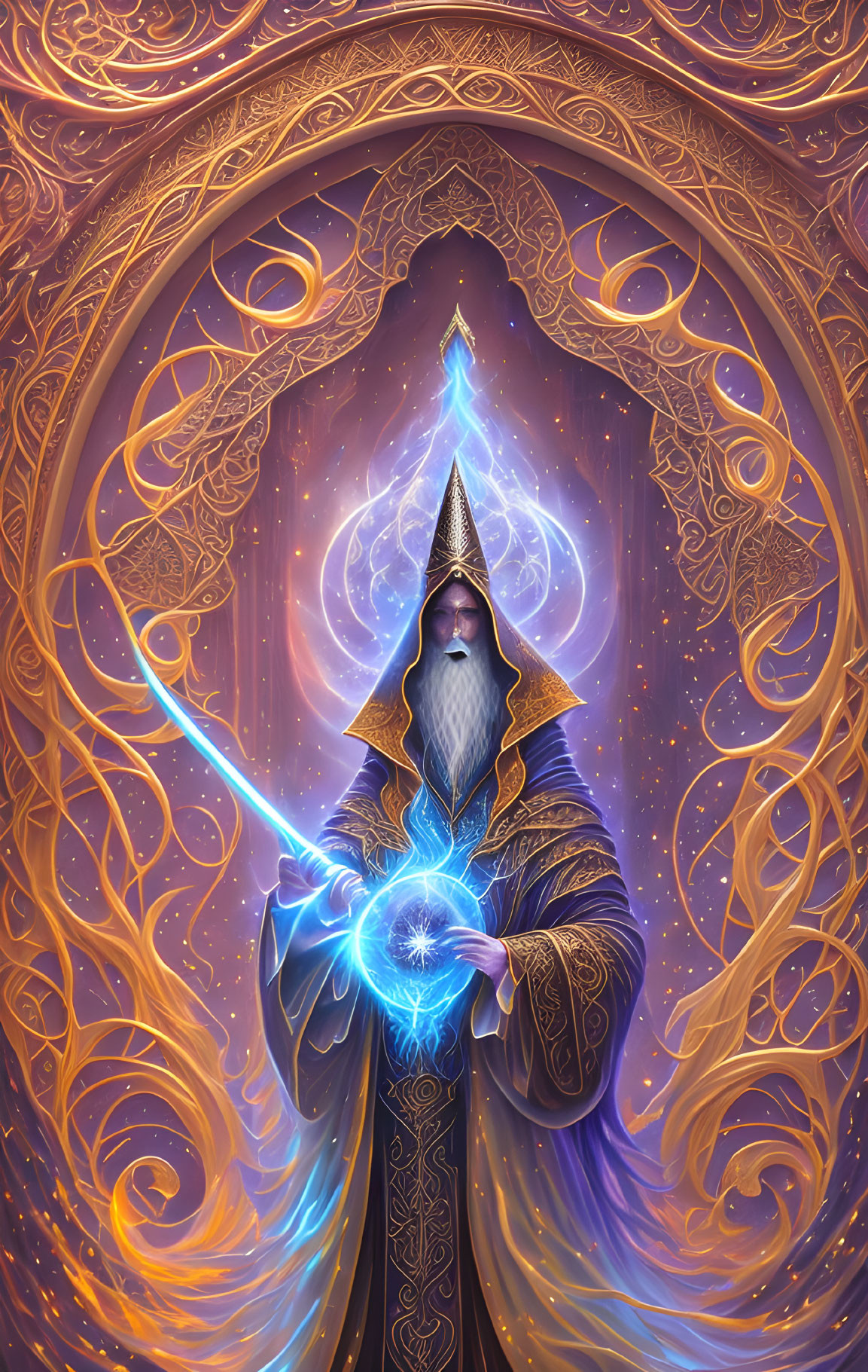 Mystical wizard conjuring glowing blue orb with golden patterns