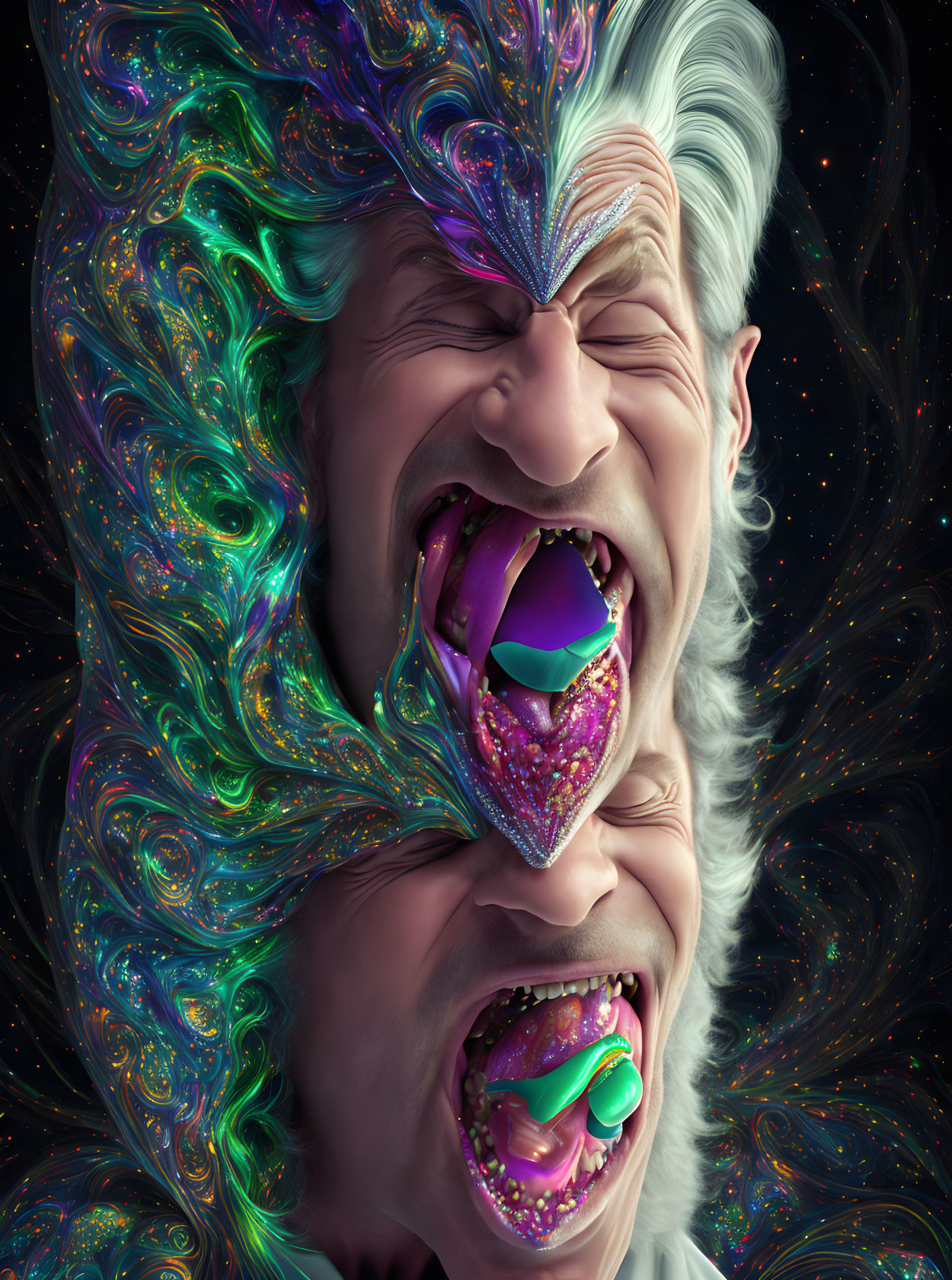 Surreal artwork featuring man with cosmic hair and space-themed colors