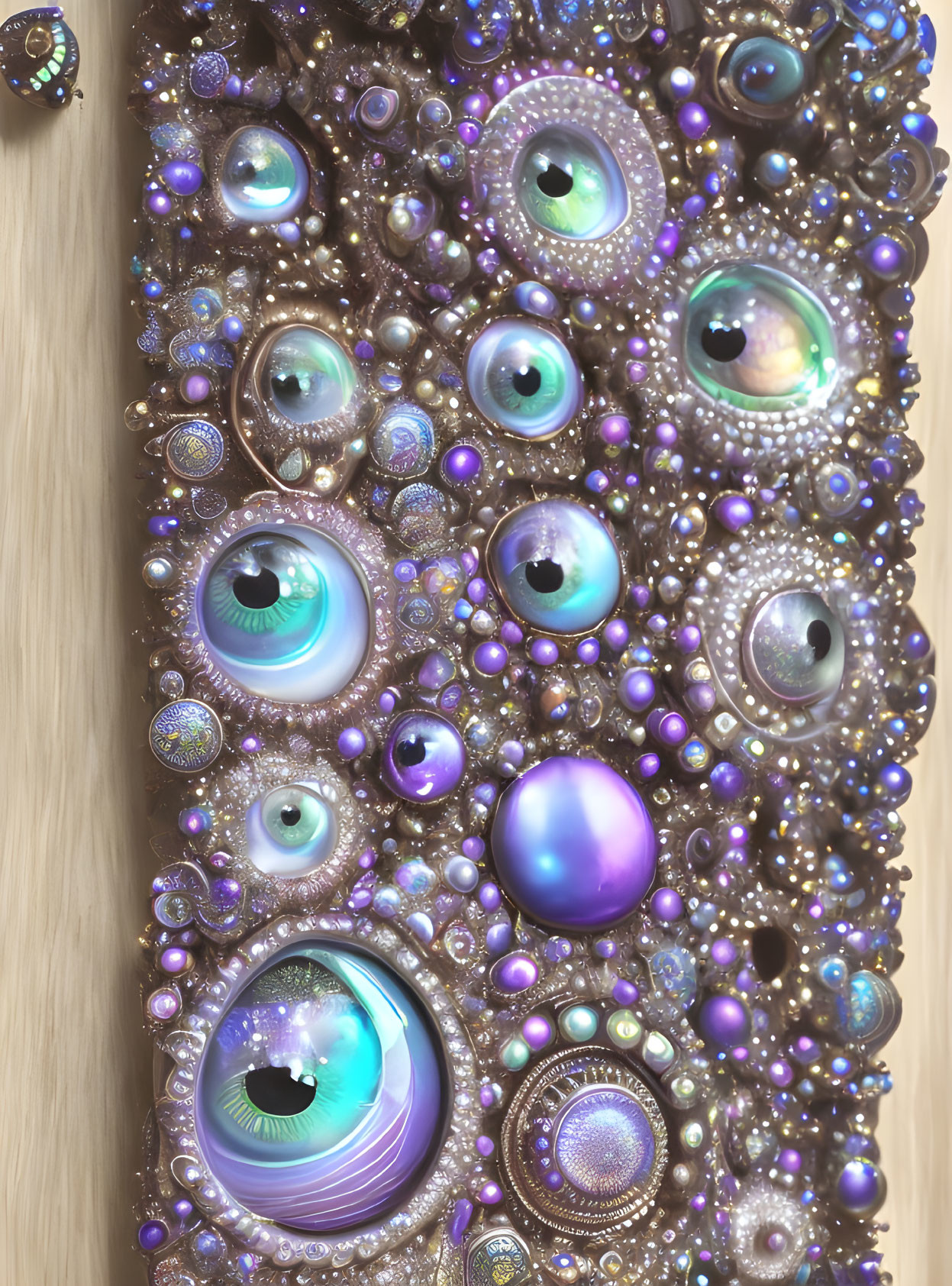 Textured artwork featuring varied eyes, beads, pearls, and orbs on ornate surface