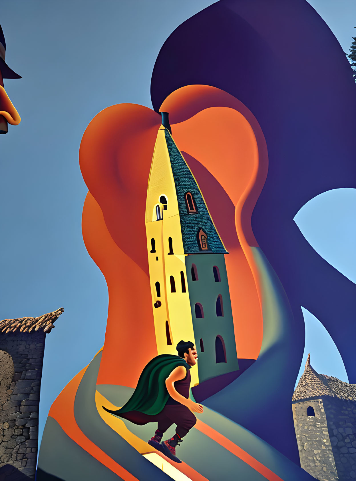 Whimsical digital artwork: man climbing colorful waves around surreal church tower