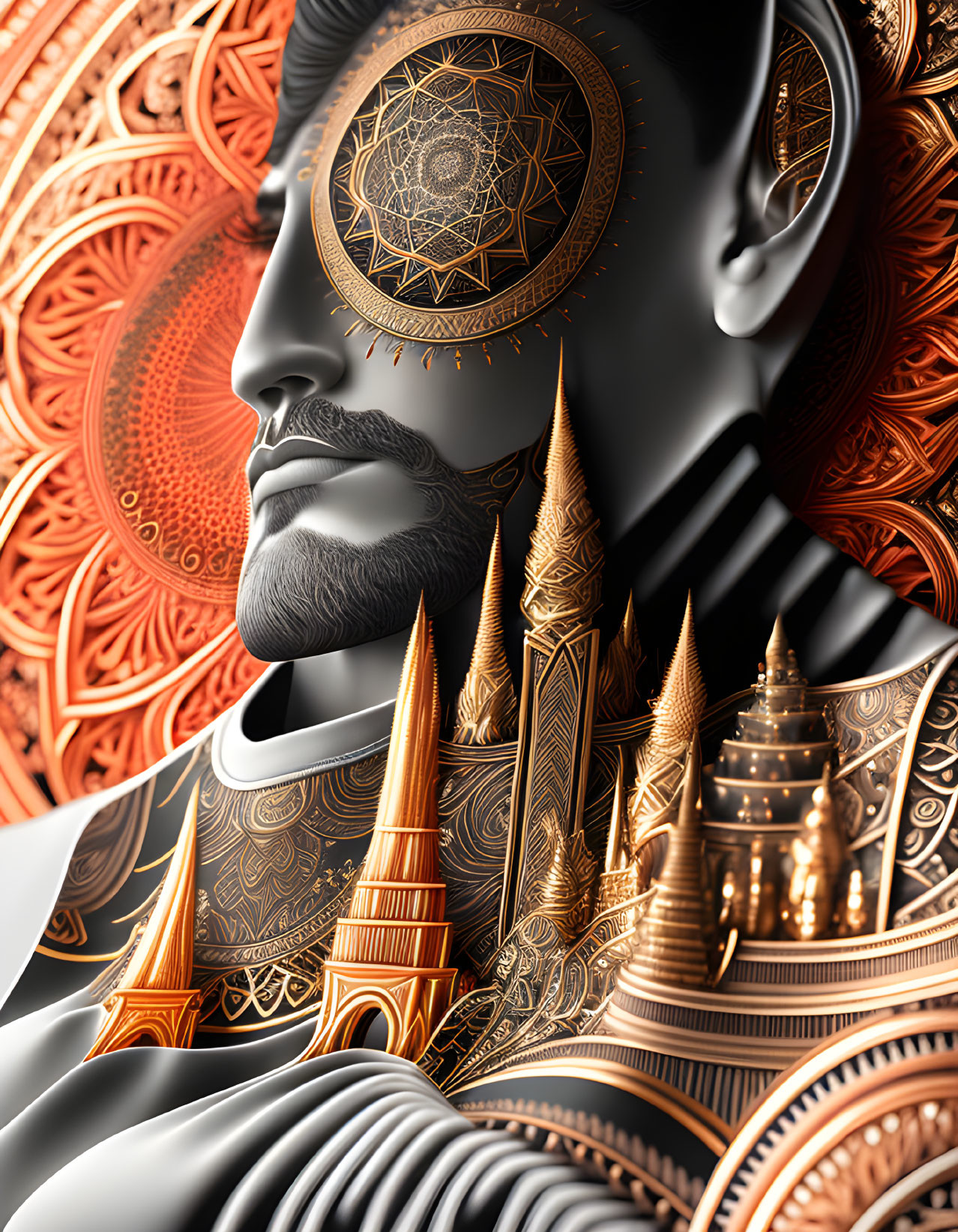 Detailed digital artwork of stylized male figure with ornate patterns and architectural elements