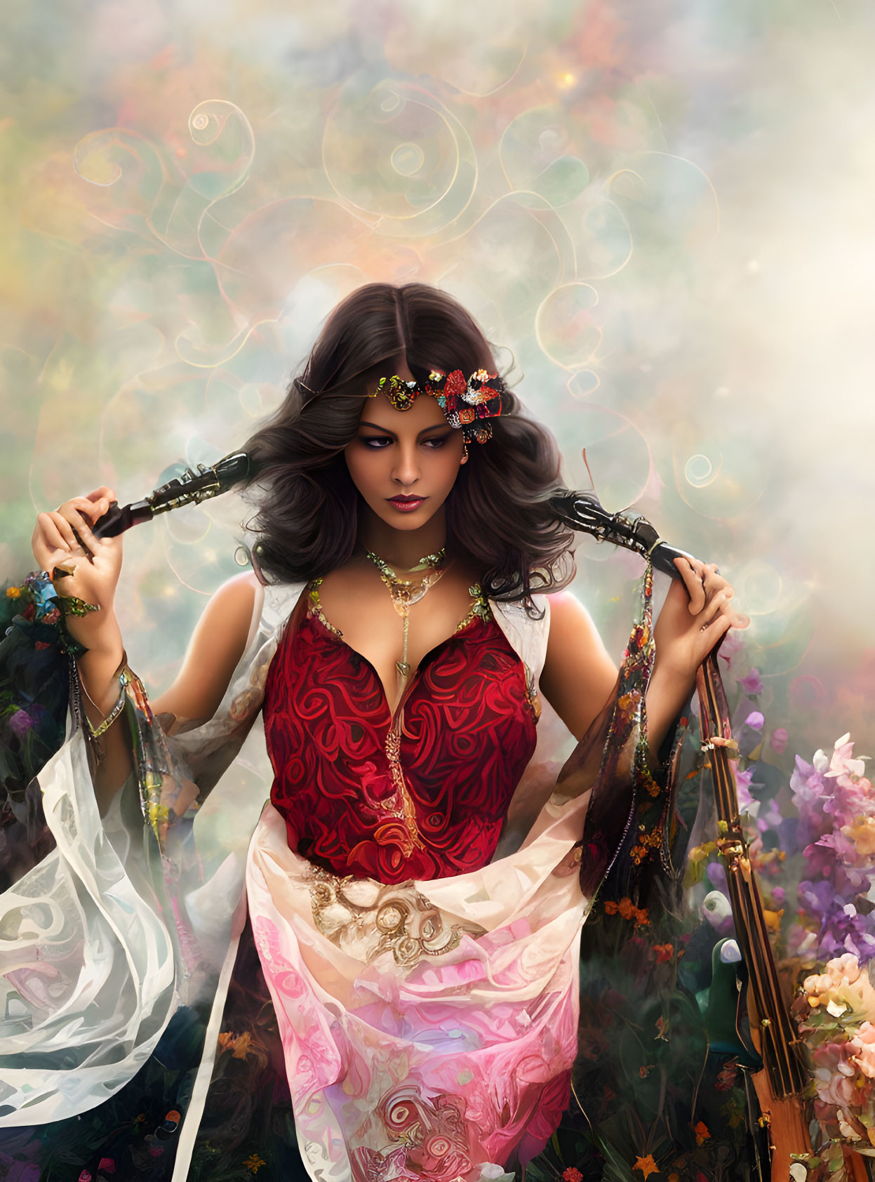 Mystical woman with jewelry in colorful floral setting holding a flute