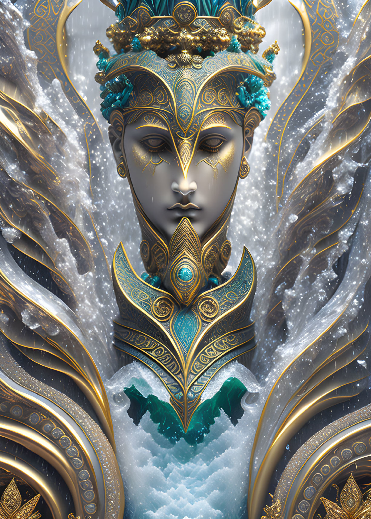 Mystical figure in gold and teal regalia on snowy backdrop