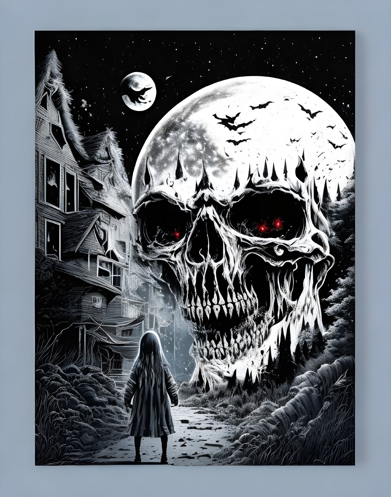 Child facing giant skull with red eyes, spooky house, crescent moon