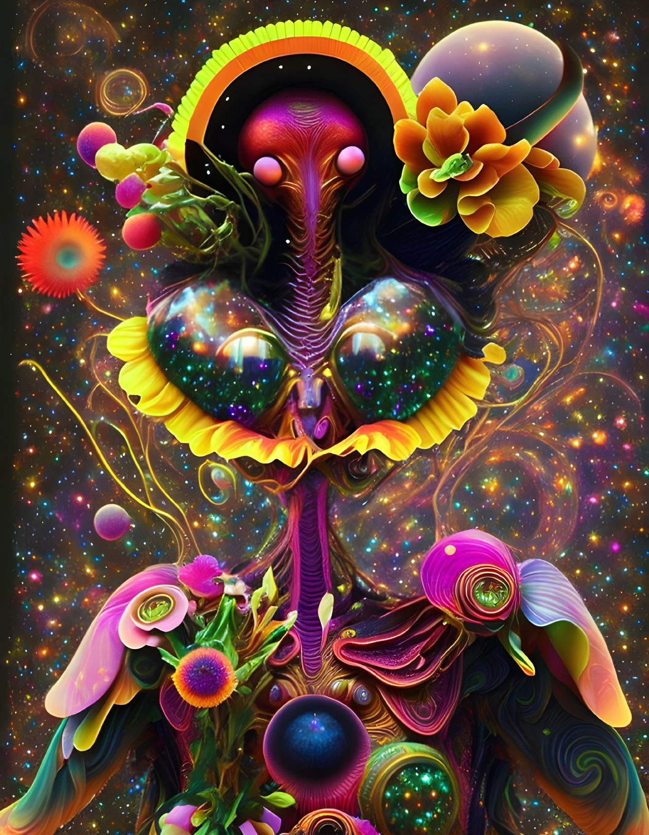 Colorful Psychedelic Art: Alien Figure with Floral and Cosmic Elements