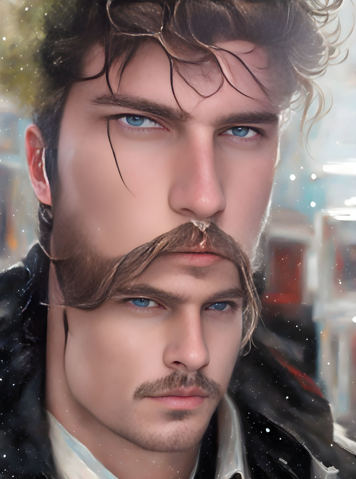 Detailed illustration of a man with blue eyes and curled mustache