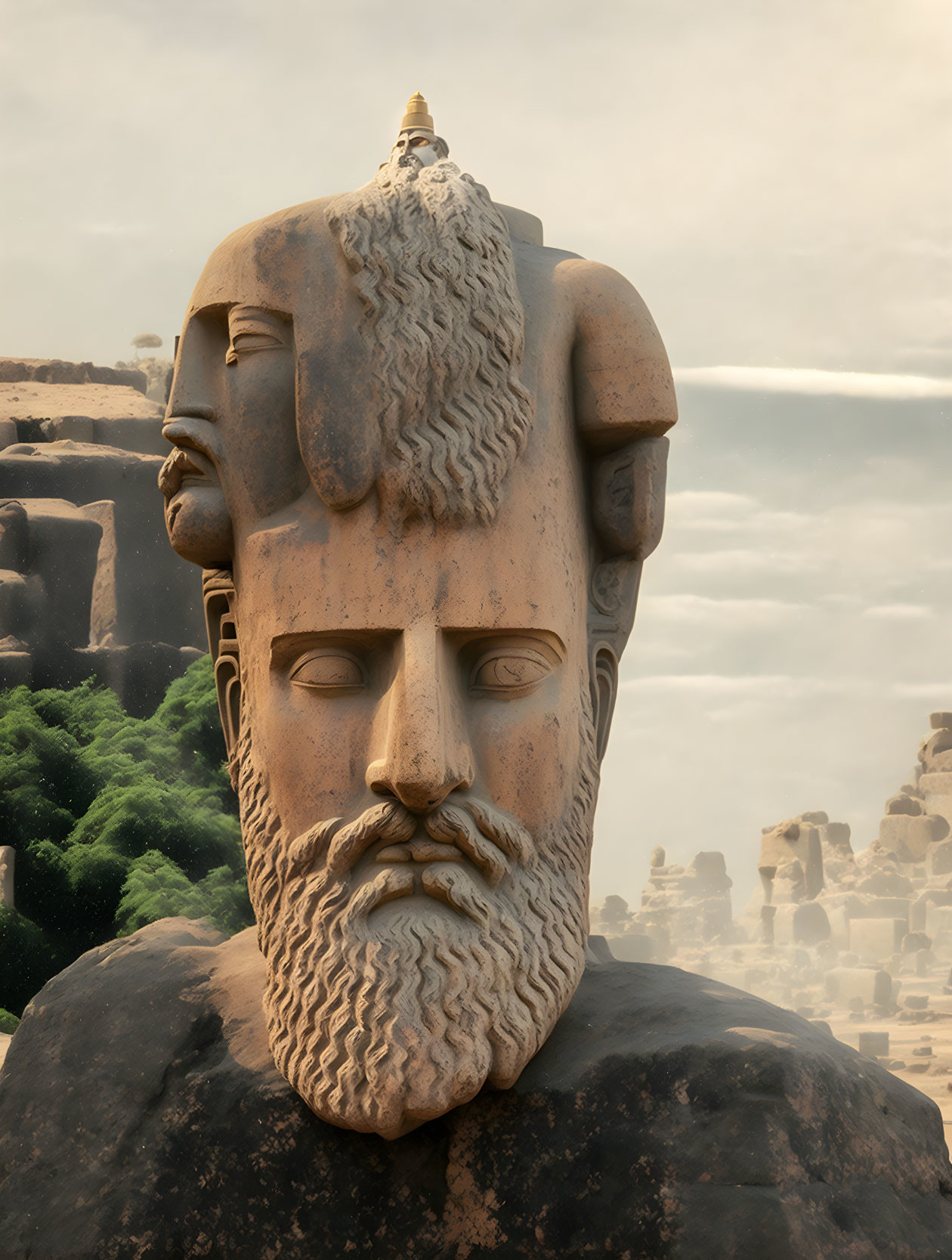 Gigantic stone head with intricate features and beard among sky and other colossal statues.