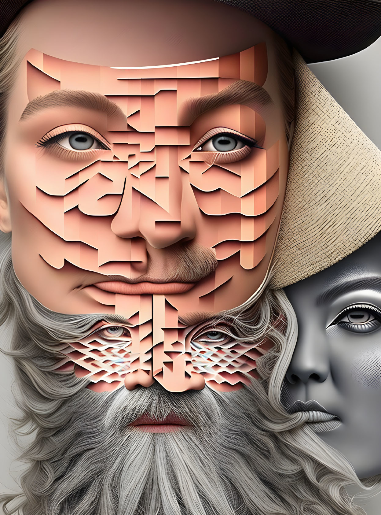 Dual-layered faces with labyrinthine pattern: woman in straw hat above, bearded older man below