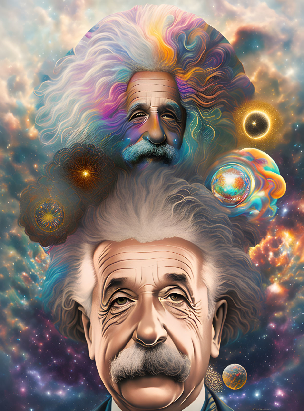 Colorful Cosmic Imagery Blended into Einstein-Like Character