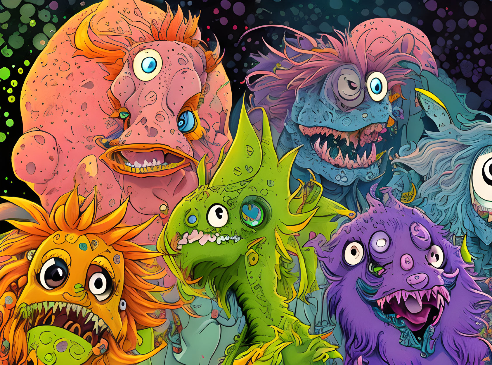 Colorful Whimsical Monsters Illustration on Dark Background