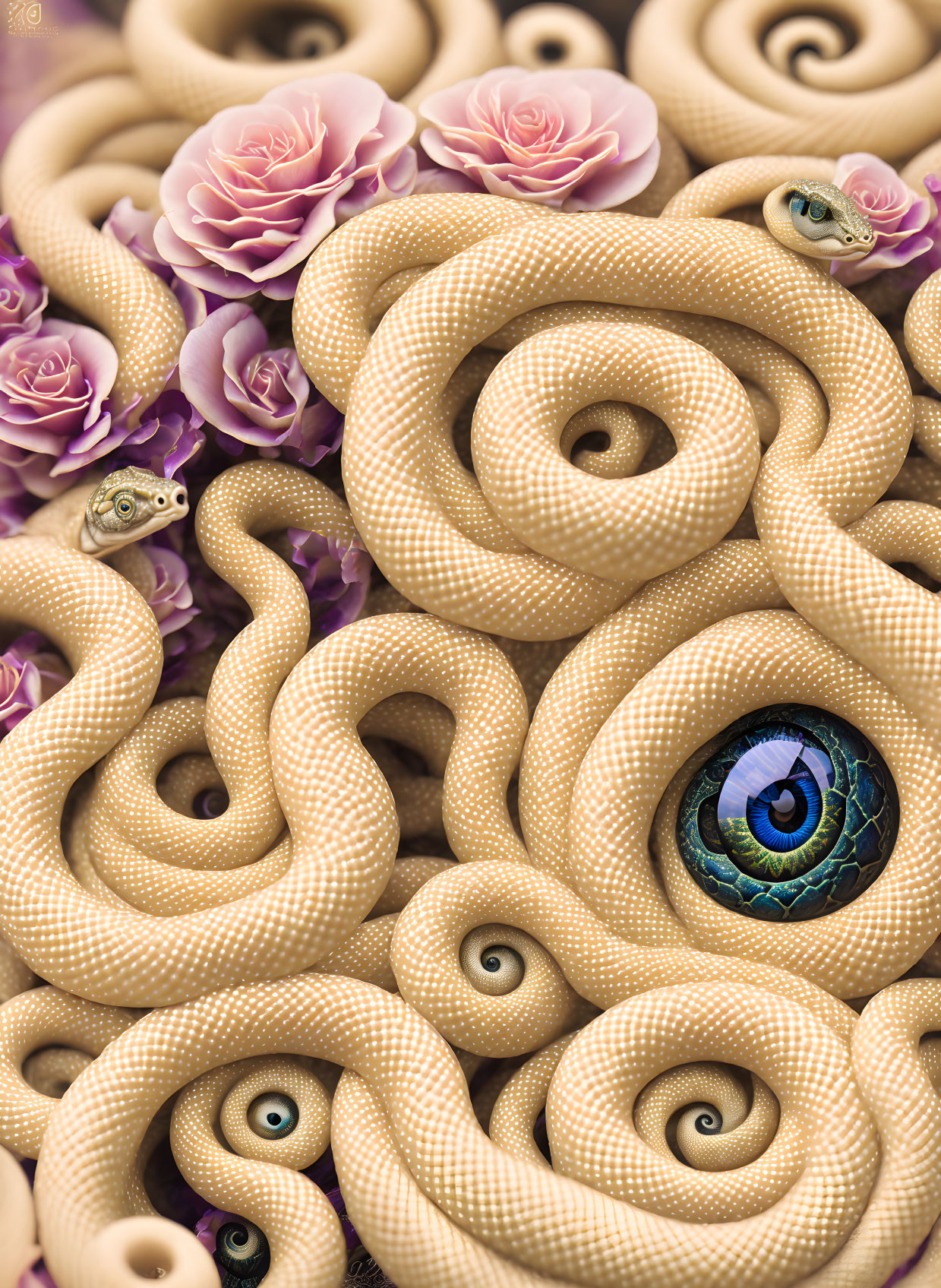 Beige Snakes Among Purple Roses with Eyes-themed Surreal Image