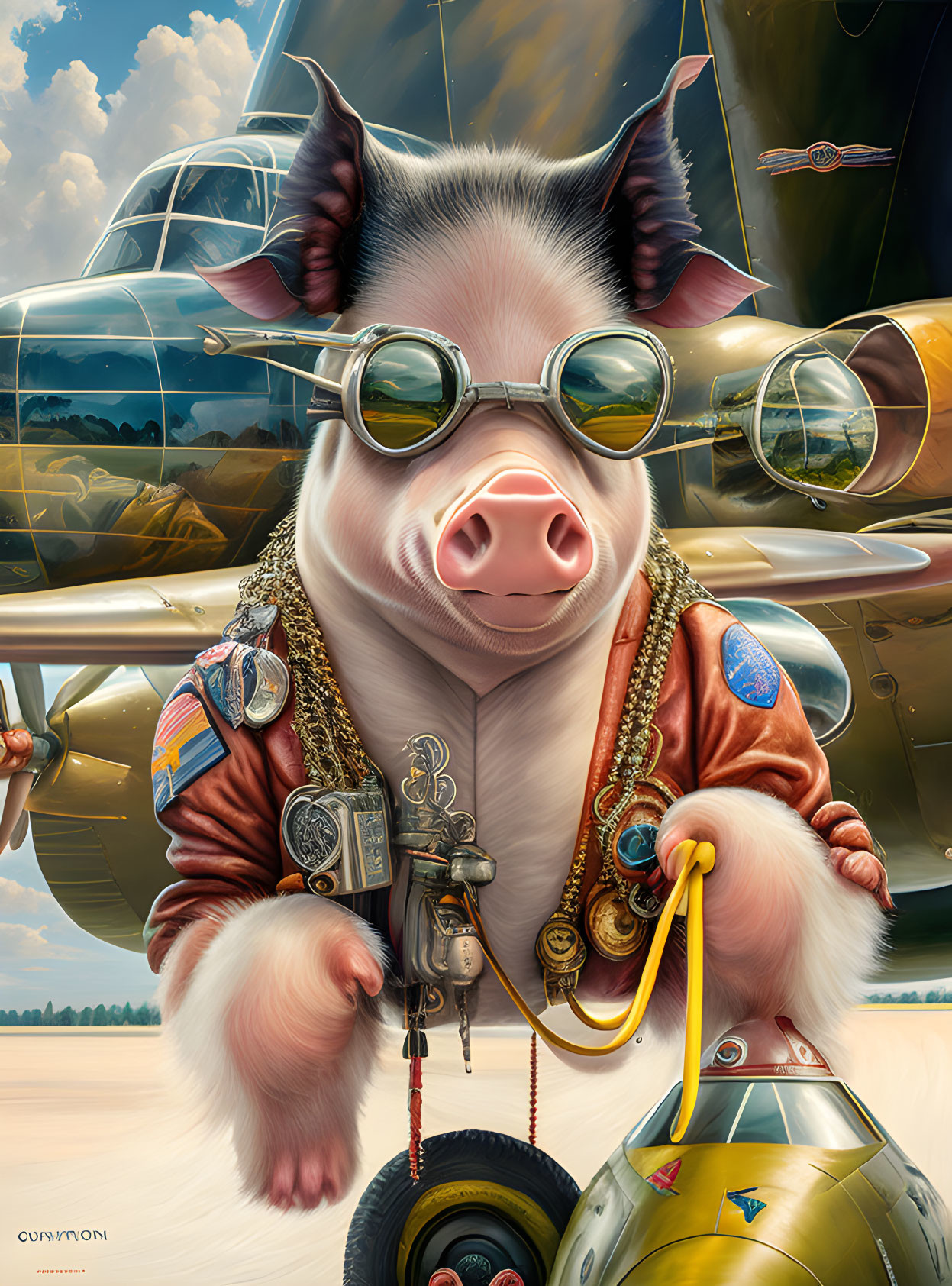 Anthropomorphic Pig Pilot with Aviator Goggles and Bomber Jacket