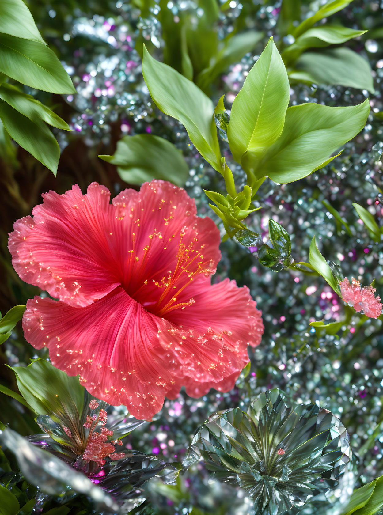 Vibrant red hibiscus with stamen details in lush garden setting