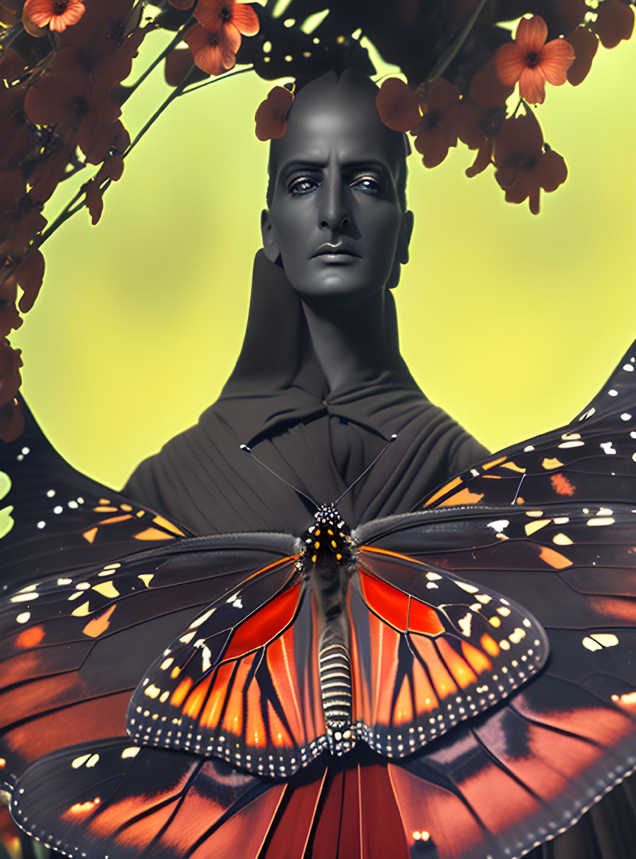 Mannequin-like figure with butterfly wings on floral background