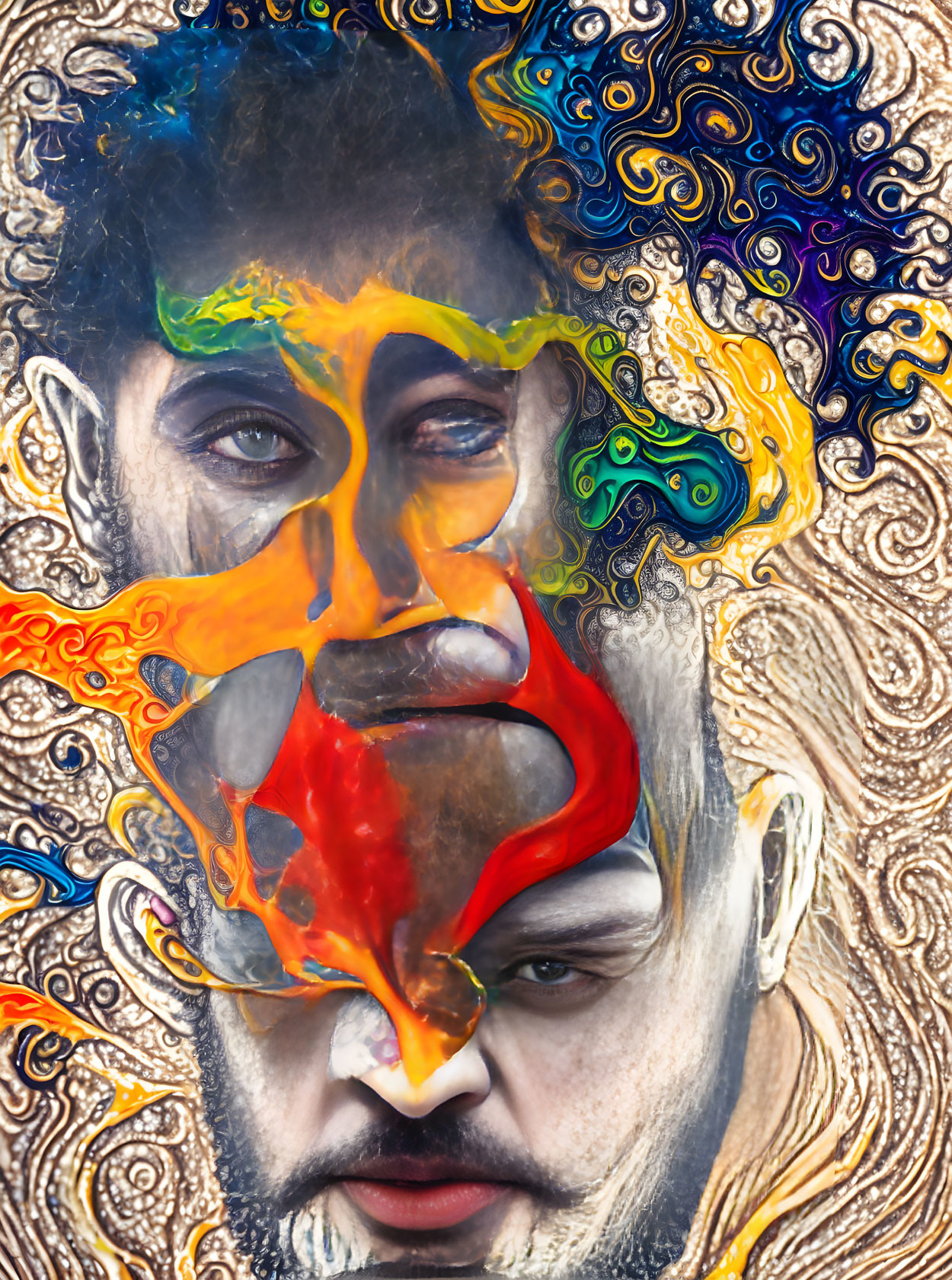 Colorful surreal portrait with swirling patterns and paint-like textures.