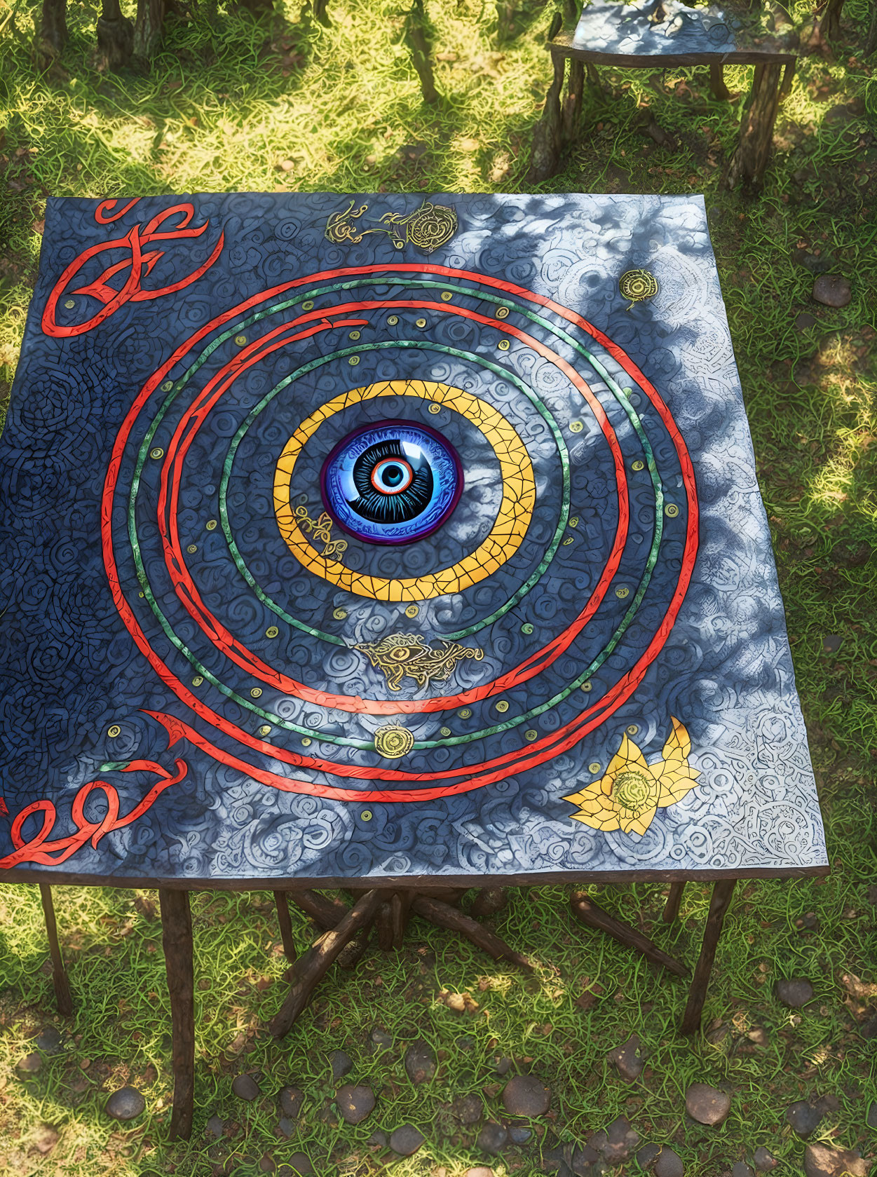 Colorful Eye Design Tablecloth with Circular Patterns in Red, Gold, and Blue Hues