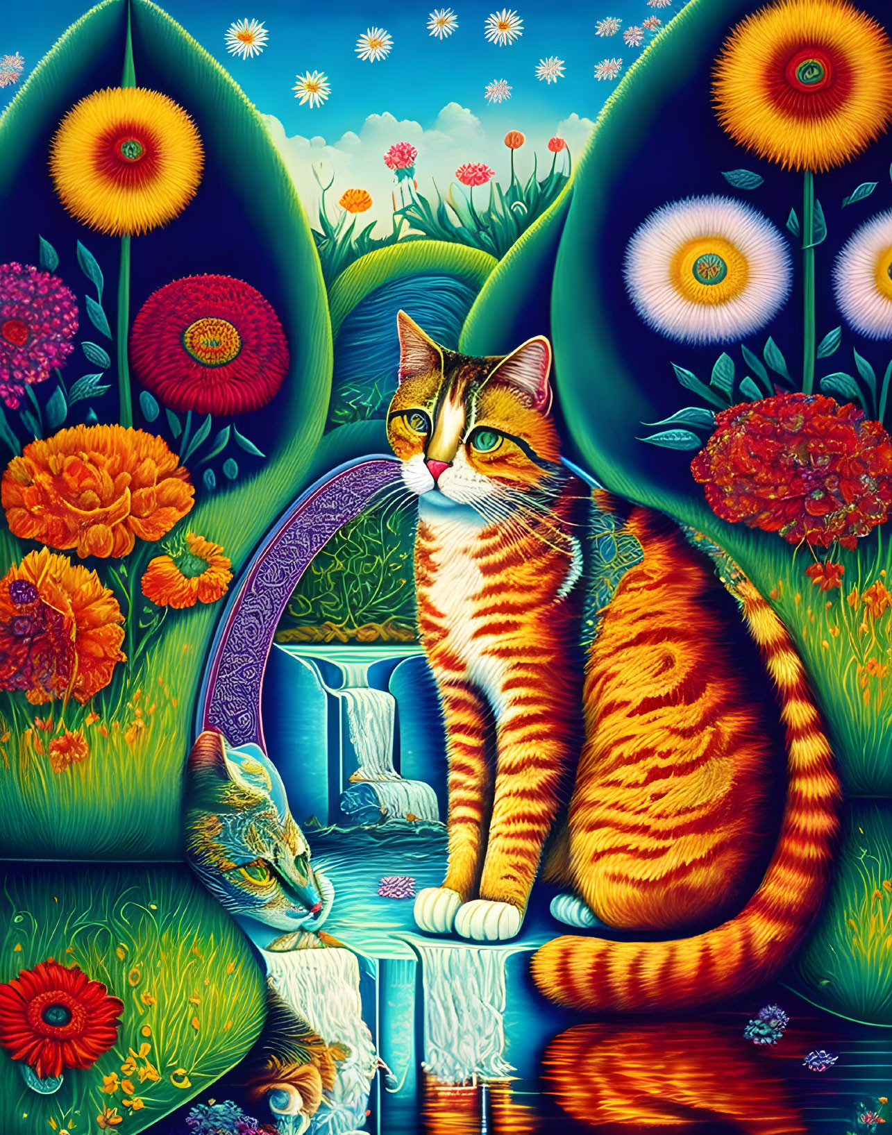 Colorful Artwork Featuring Orange Tabby Cat and Floral Designs