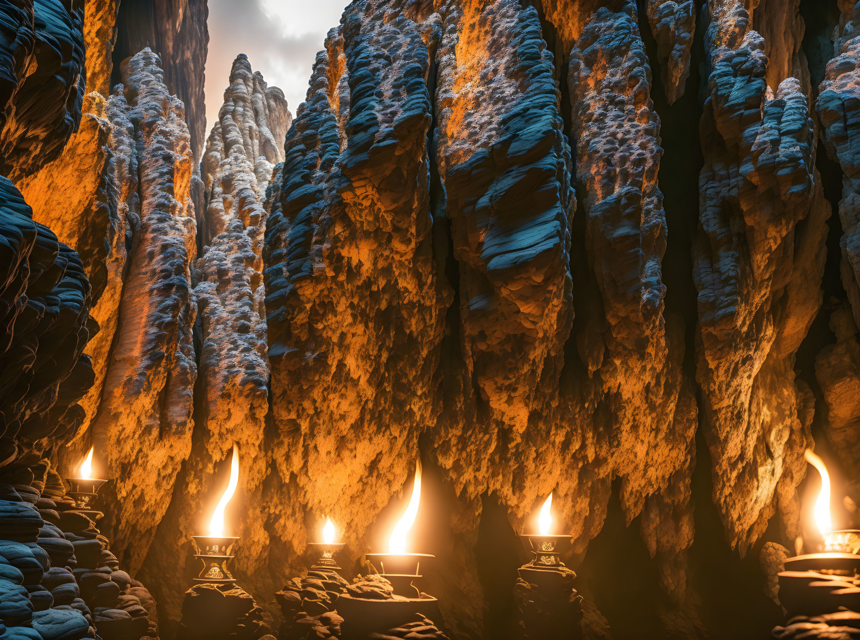 Mystical ambiance in cave with rugged stone pillars & illuminated flames