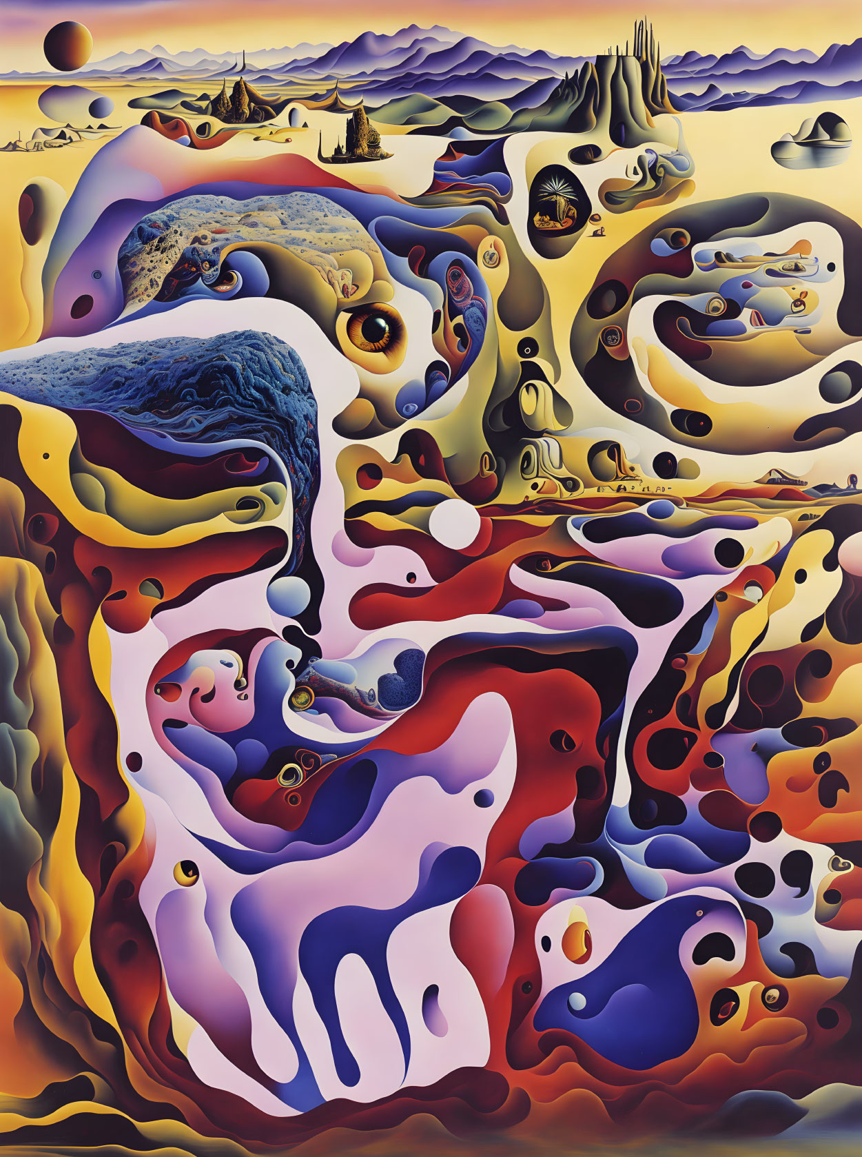 Vibrant surrealistic painting with fluid shapes and distorted landscapes