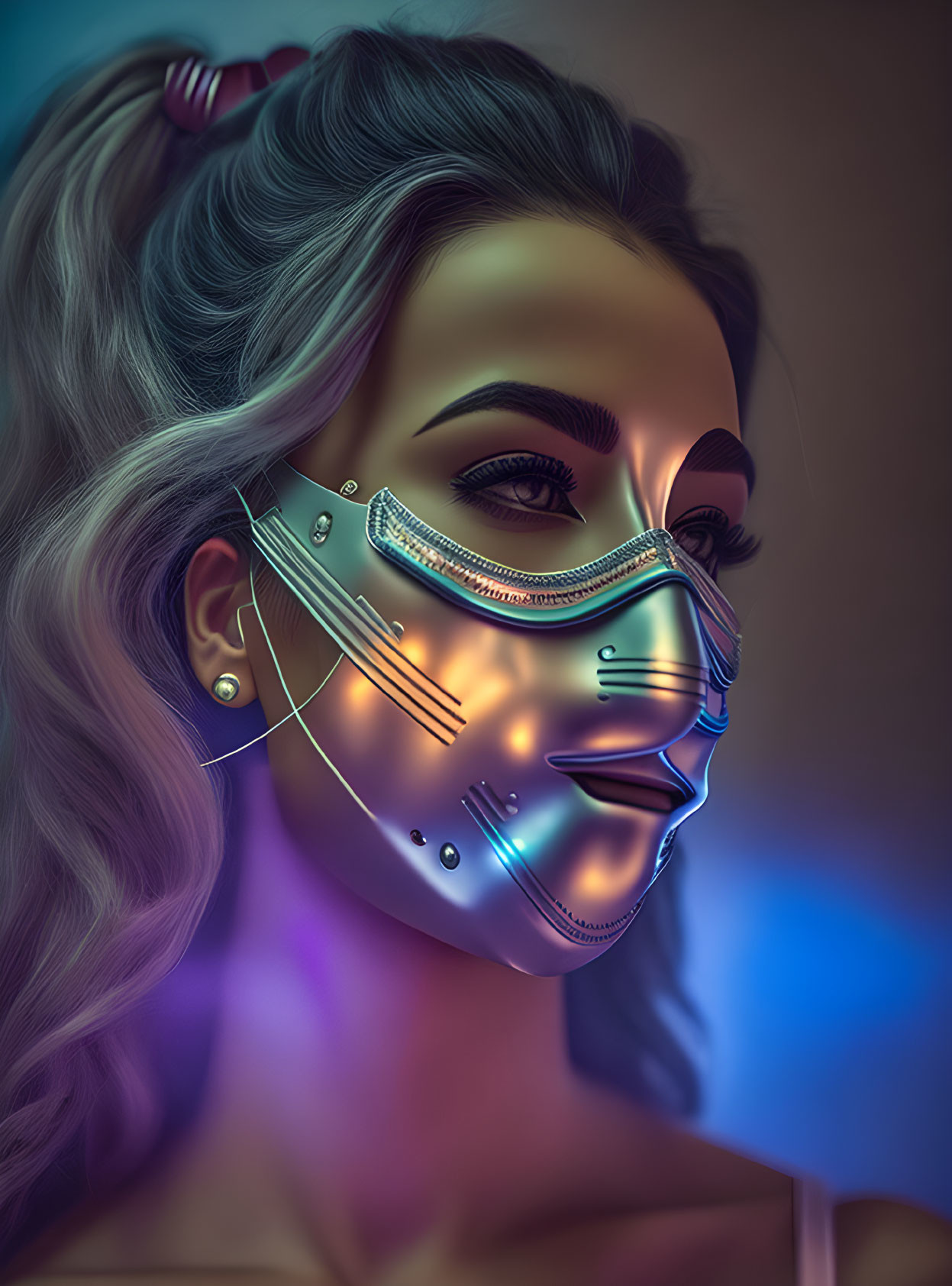 Digital art portrait of woman in glowing futuristic mask with neon lights