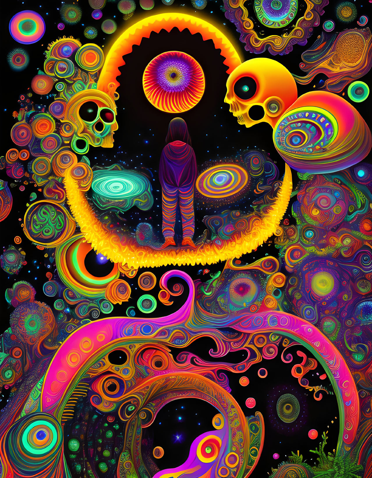 Colorful Psychedelic Illustration: Person on Crescent Moon amid Celestial Patterns