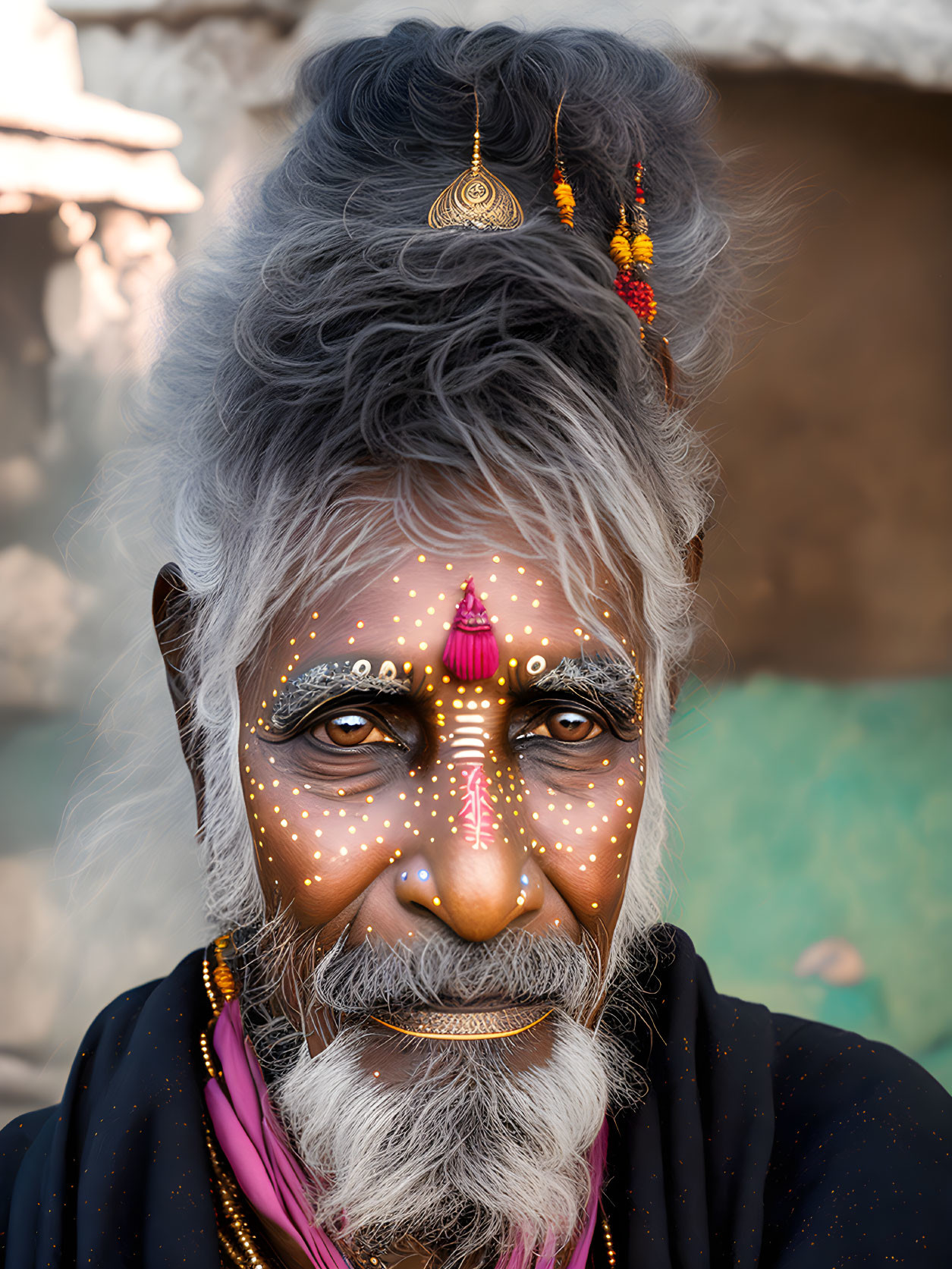 Elderly Man with Striking Face Paint and Cultural Attire